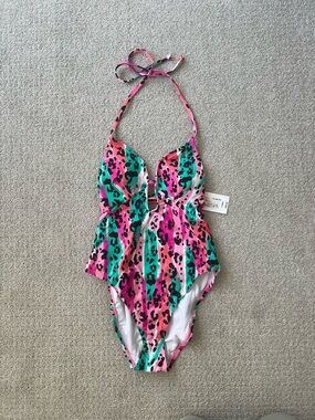 NWT Sugar Beach One-Piece Cut Out Swimwear in Pink & Teal Animal Print SZ:XS